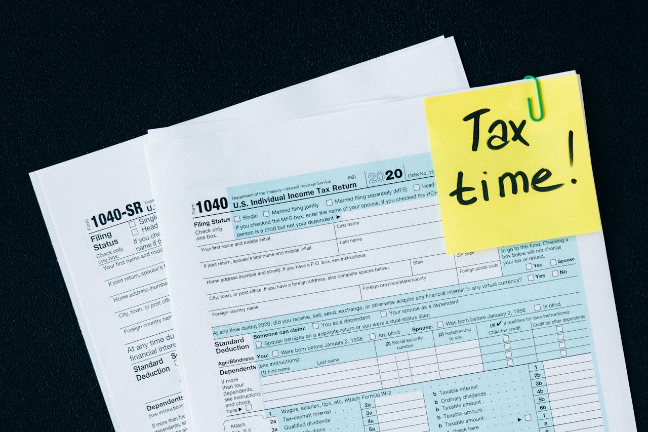 U.S. tax documents with a Tax time! reminder, highlighting the importance of filing deadlines.